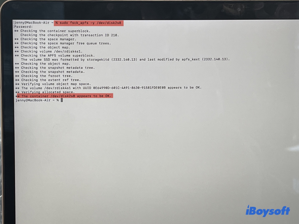 APFS-Festplatte reparieren, indem Sie fsck_apfs im Terminal ausführen