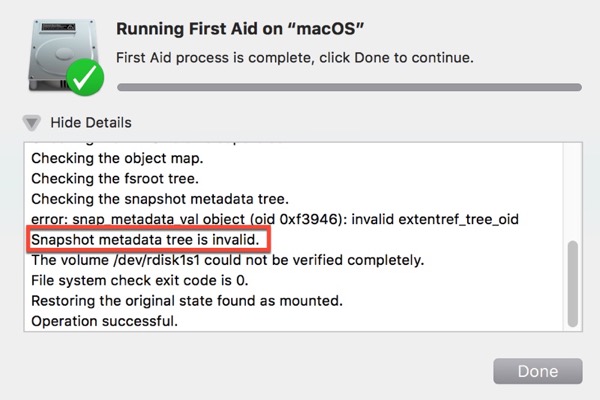 Invalid APFS snapshot metadata tree