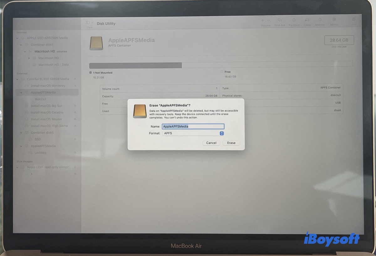Disk İzlencesi’nde bir APFS biriminin silinmesi