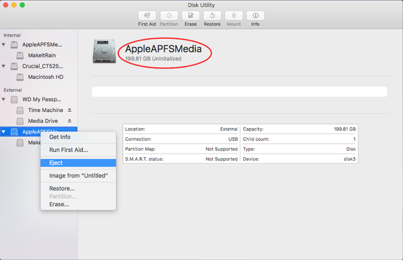 Apple APFS Media shows uninitialized in Disk Utility