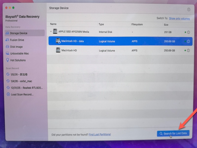 search for lost data