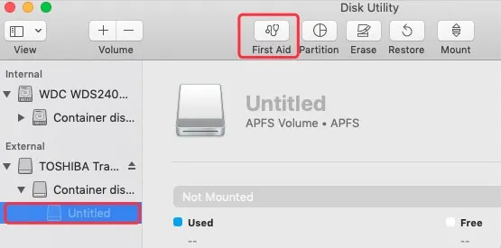 run First Aid feature to fix unmountable drives
