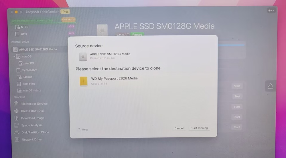 Select a destination drive and tap Start cloning