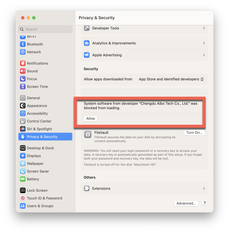 Enable system extensions in macOS Ventura