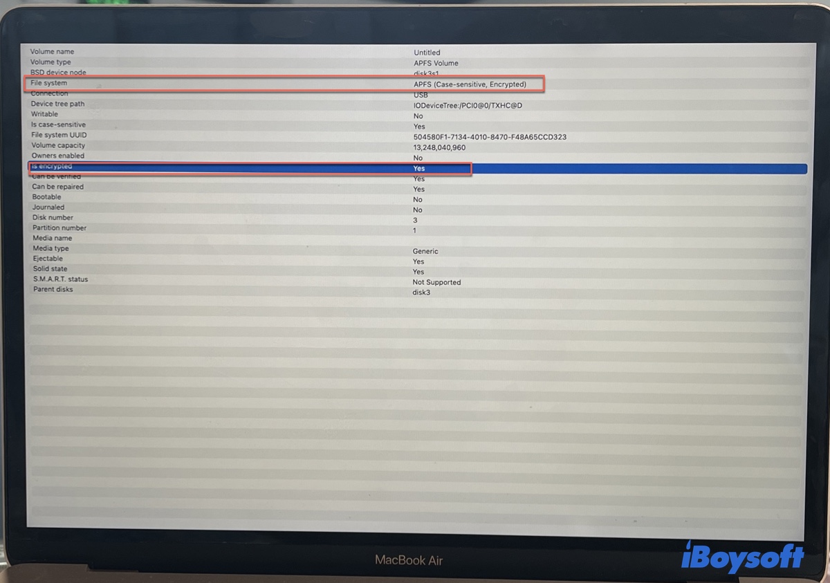 Disk Utility Get Info showing the file system and encryption information of an external hard drive