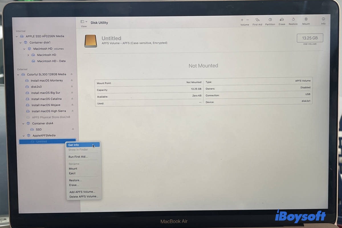 Right-click on drive and choose Get Info in Disk Utility to check disk information