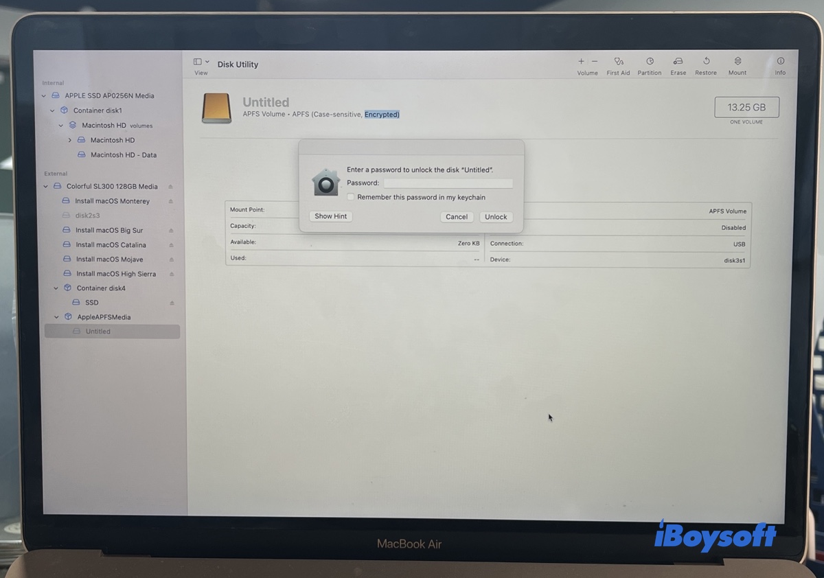 A prompt asking for password to unlock an encrypted partition in Disk Utility