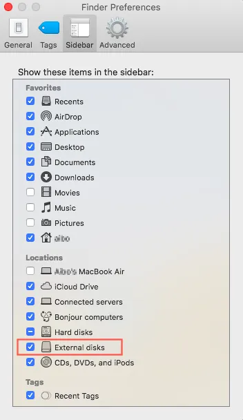 Show external hard drive in Finder