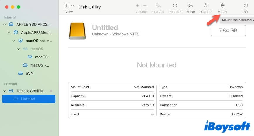 manually mount the external drive in Disk Utility