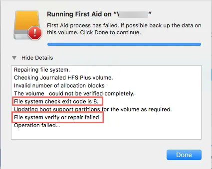 File system check exit code is 8 on Mac