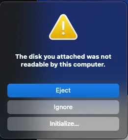 The disk you attached was not readable by this computer Monterey