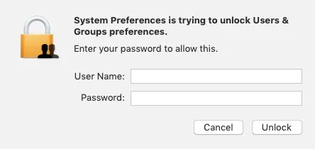 unlock your Users & Groups preferences to make changes
