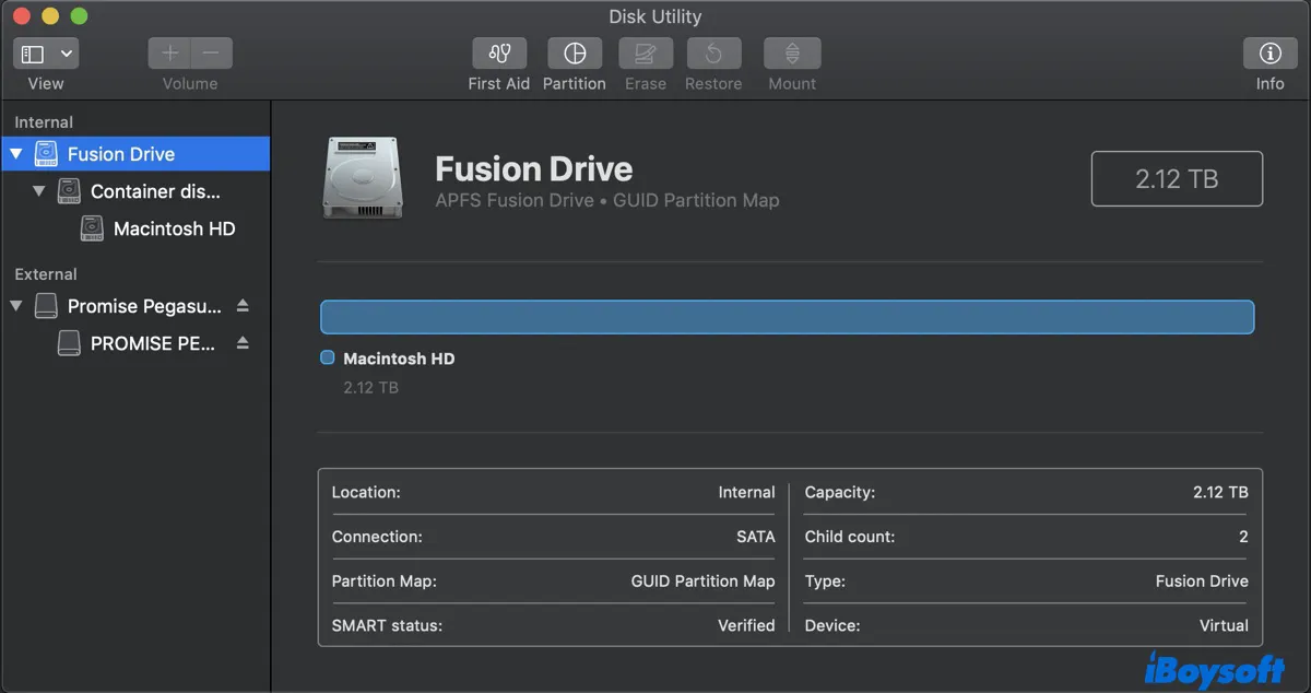 Fusion Drive als APFS im Festplattendienstprogramm formatiert