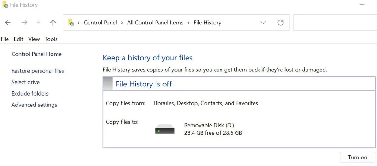 file history in windows