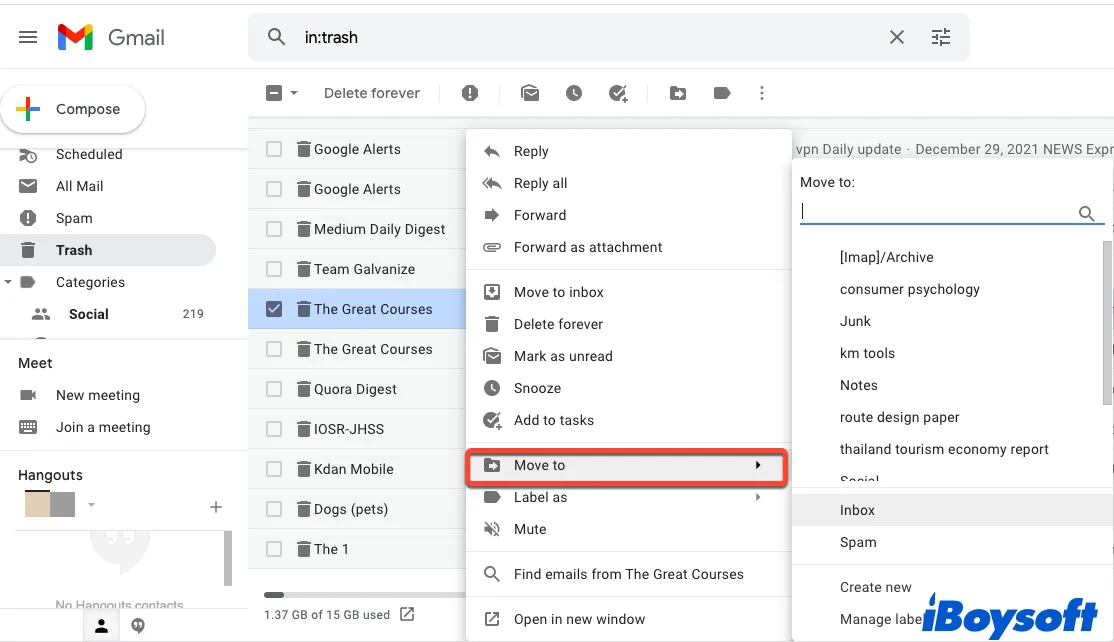 recover deleted emails from Trash in Gmail
