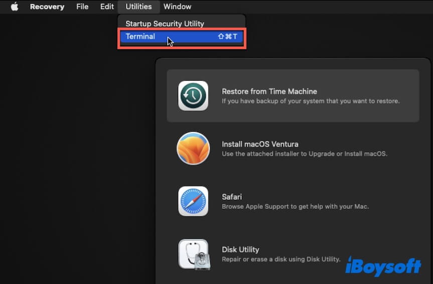 Ejecución de Terminal en el entorno de Recuperación de macOS