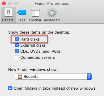 Show internal hard drive on the desktop