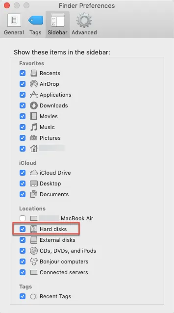 Show internal hard drive in the finder