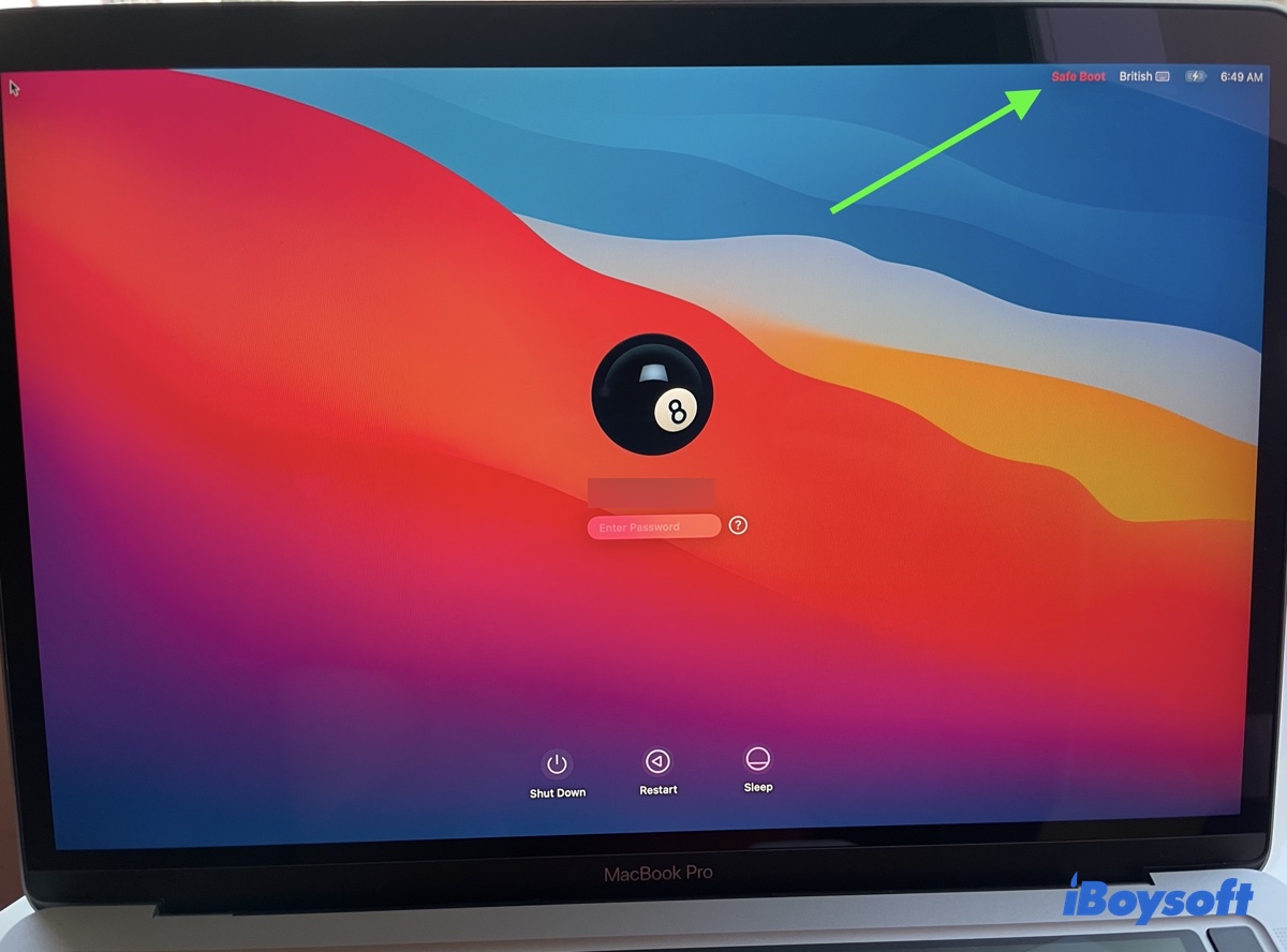 A Mac in safe mode with the word Safe Boot on the top-right menu bar