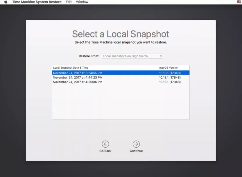 restore Mac with local APFS snapshots