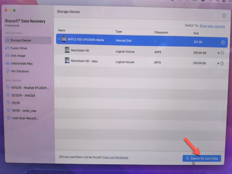 click search for lost data