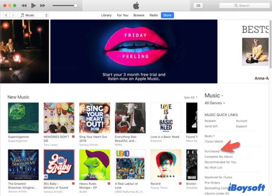 click the Purchased option in iTunes Store