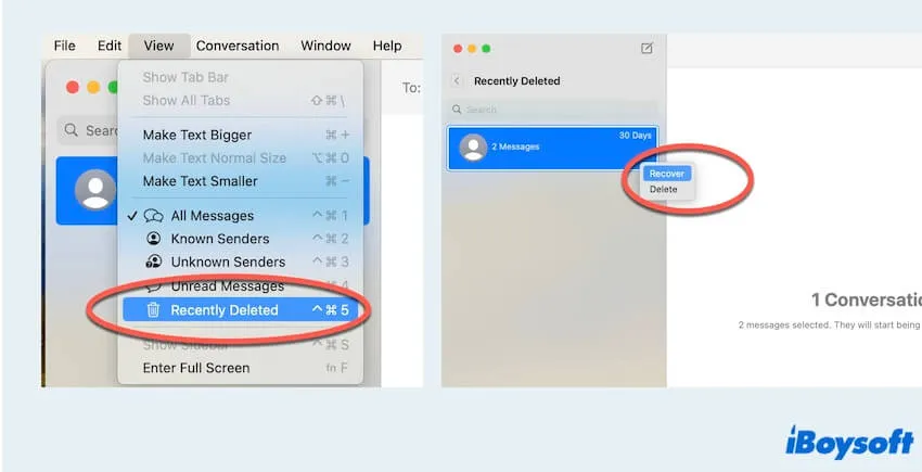 Recover deleted iMessages on Mac by Recently Deleted folder