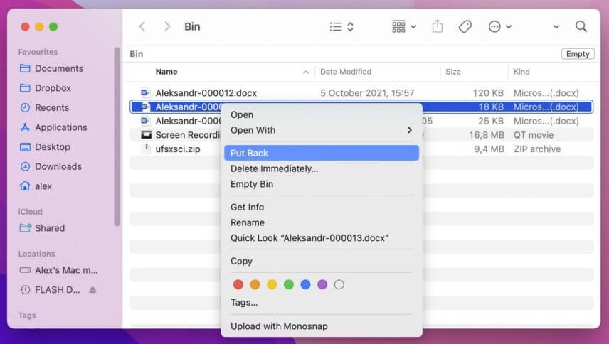 Restore deleted Sketch files from the Mac Trash folder