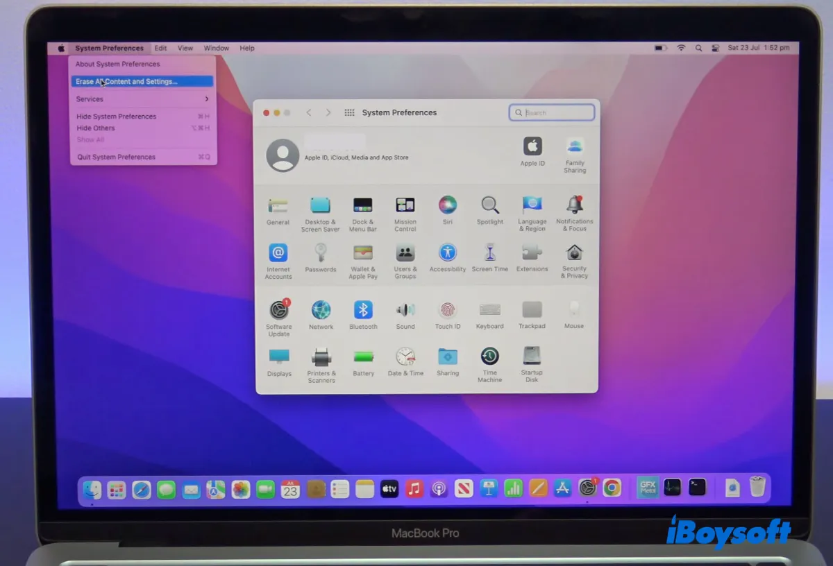 Choosing Erase All Content and Settings on macOS Monterey