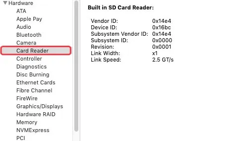Encontrar información del lector de tarjetas SD en Mac