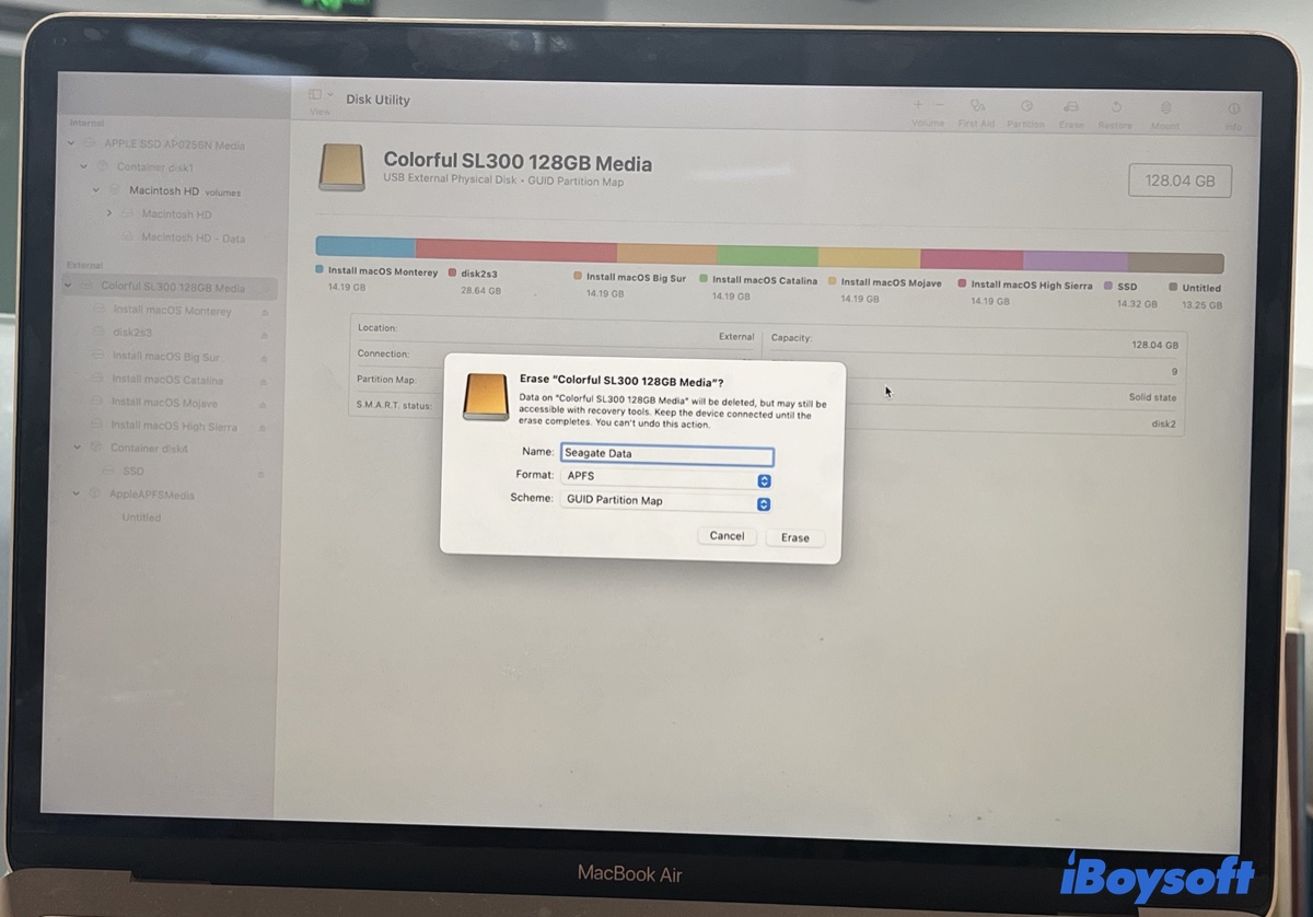 A Seagate external hard drive is being reformatted to APFS in Disk Utility