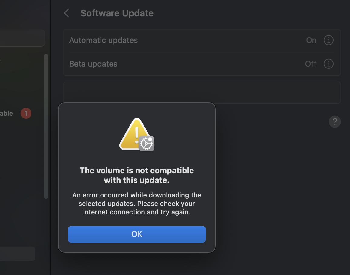 solve The volume is not compatible with this update on Mac