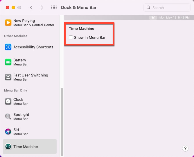 how to fix Time Machine not showing in menu bar