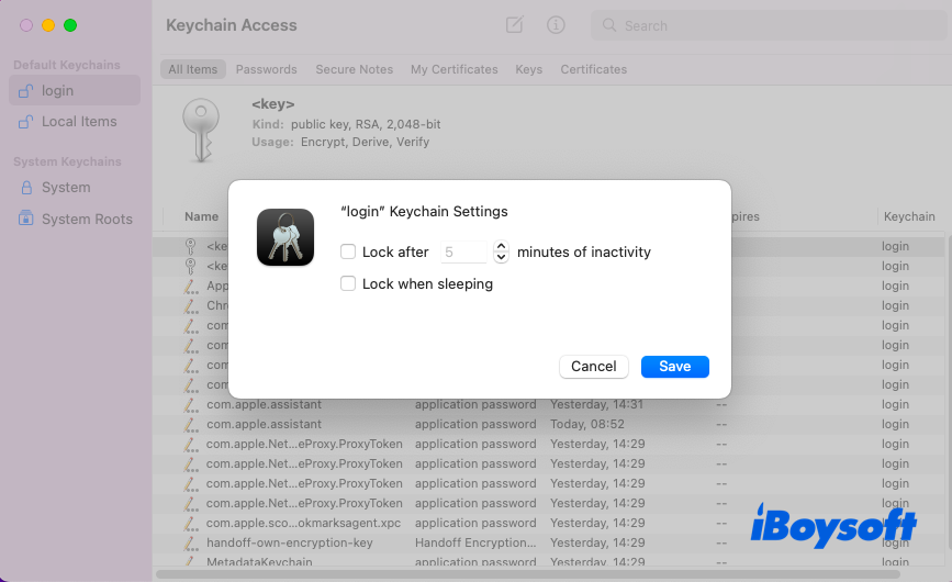 change the login keychain settings