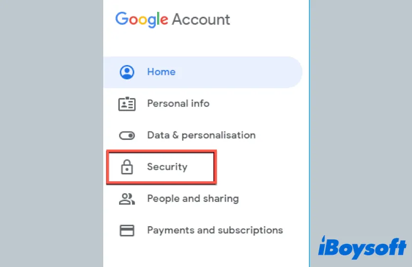 security tab on Google My Account page