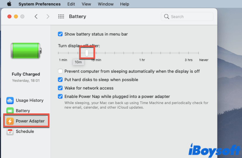 change screen timeout when Mac is connected to a power source
