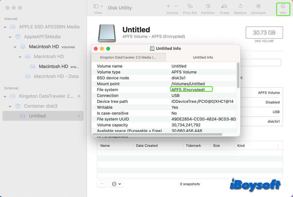 verificar cifrado en Utilidad de Discos botón de información