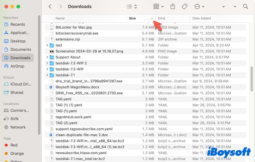 list files from the large size to small in Finder