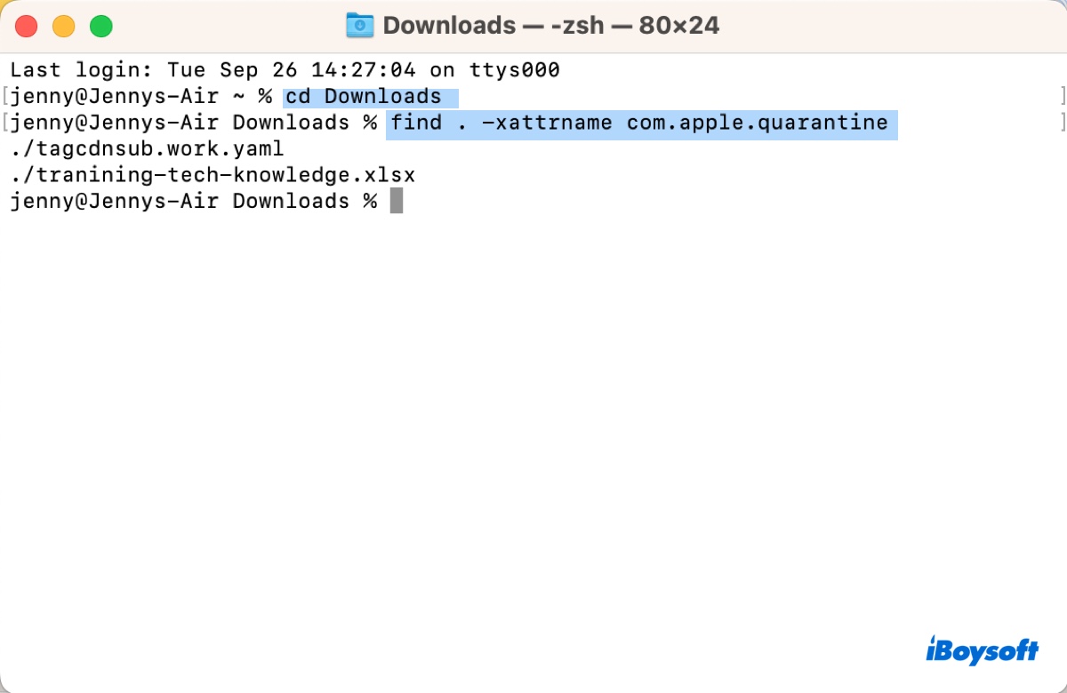 Überprüfen Sie, welche Datei in einem Ordner das Attribut 'com apple quarantine' hat