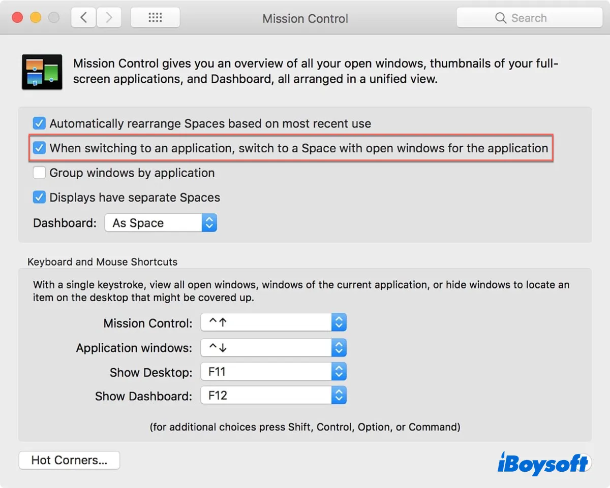 Habilitar cambio a un espacio con ventanas de una aplicación en macOS Monterey o anterior