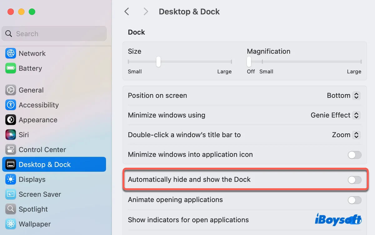 Enable and disable the Dock auto-hide setting