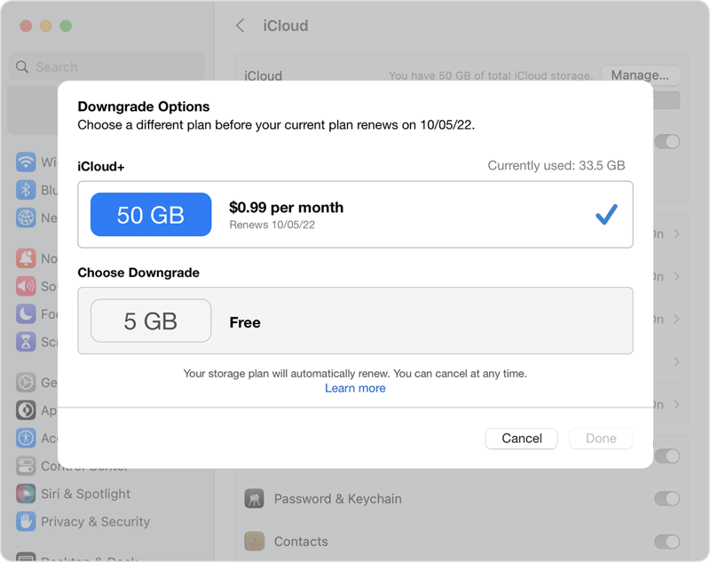 How to downgrade iCloud plus plan on Mac
