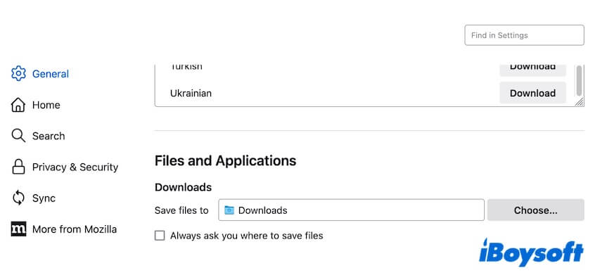 find download settings in Firefox