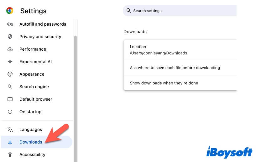 find downloads in Chrome settings