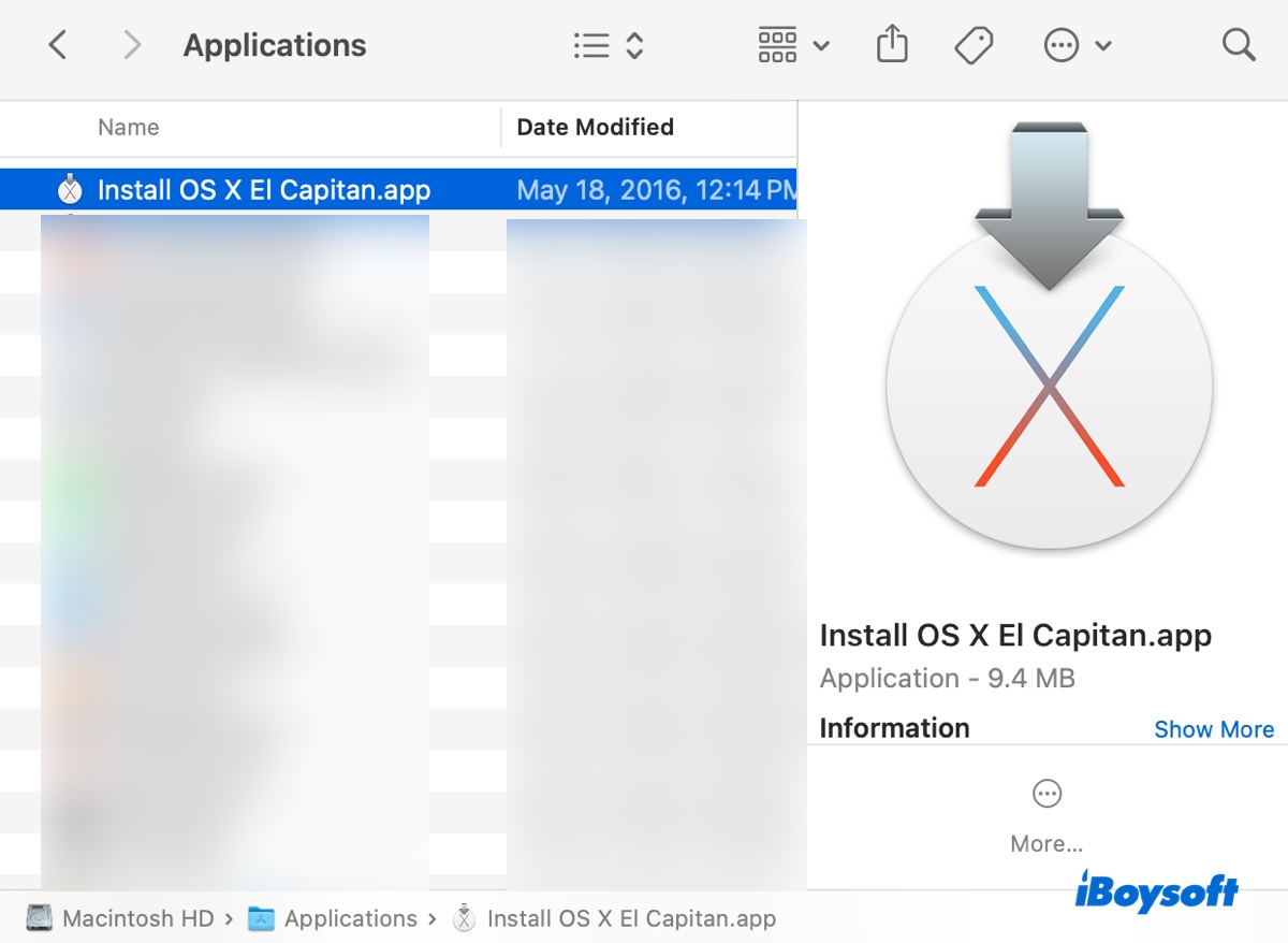 Applicationsフォルダ内のInstall OS X El Capitanアプリ