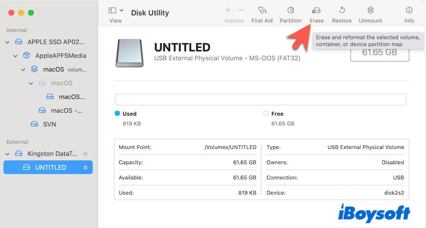 click Erase in Disk Utility toolbar