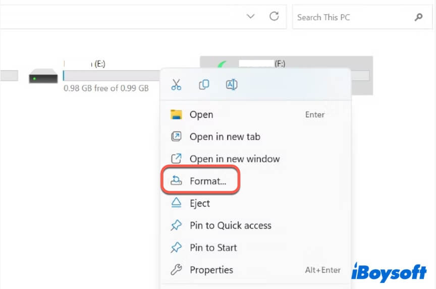 clique com o botão direito para formatar FAT32 no Windows