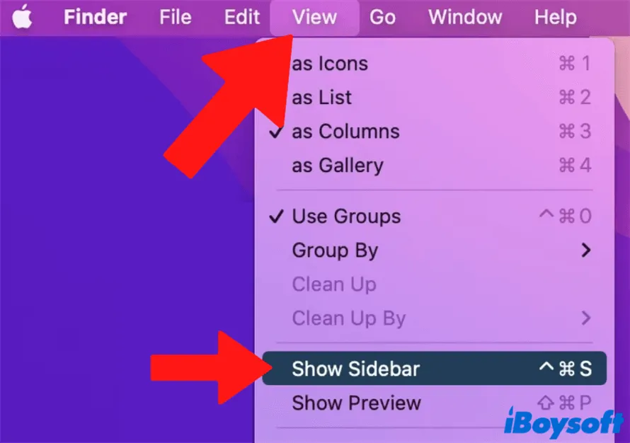 open Show Sidebar under the View option in Finder menu bar