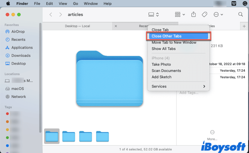 close other unneeded tabs in Finder