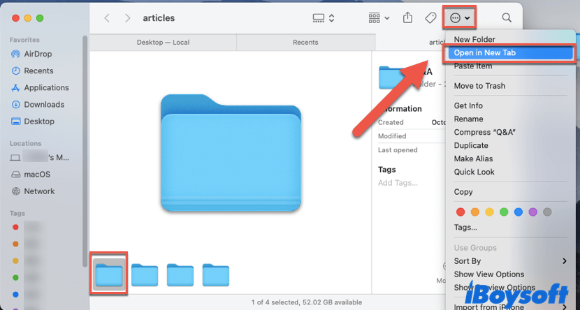 open folders in a new tab in Finder